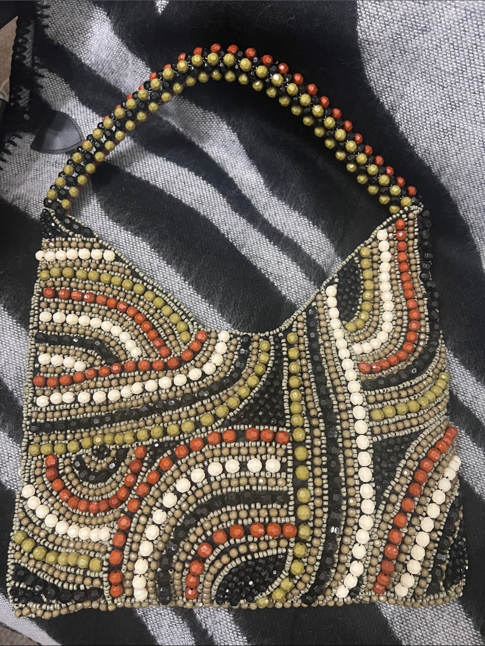 Beaded Hobo Shoulder Bag in Black, Olive & Coral - made in India